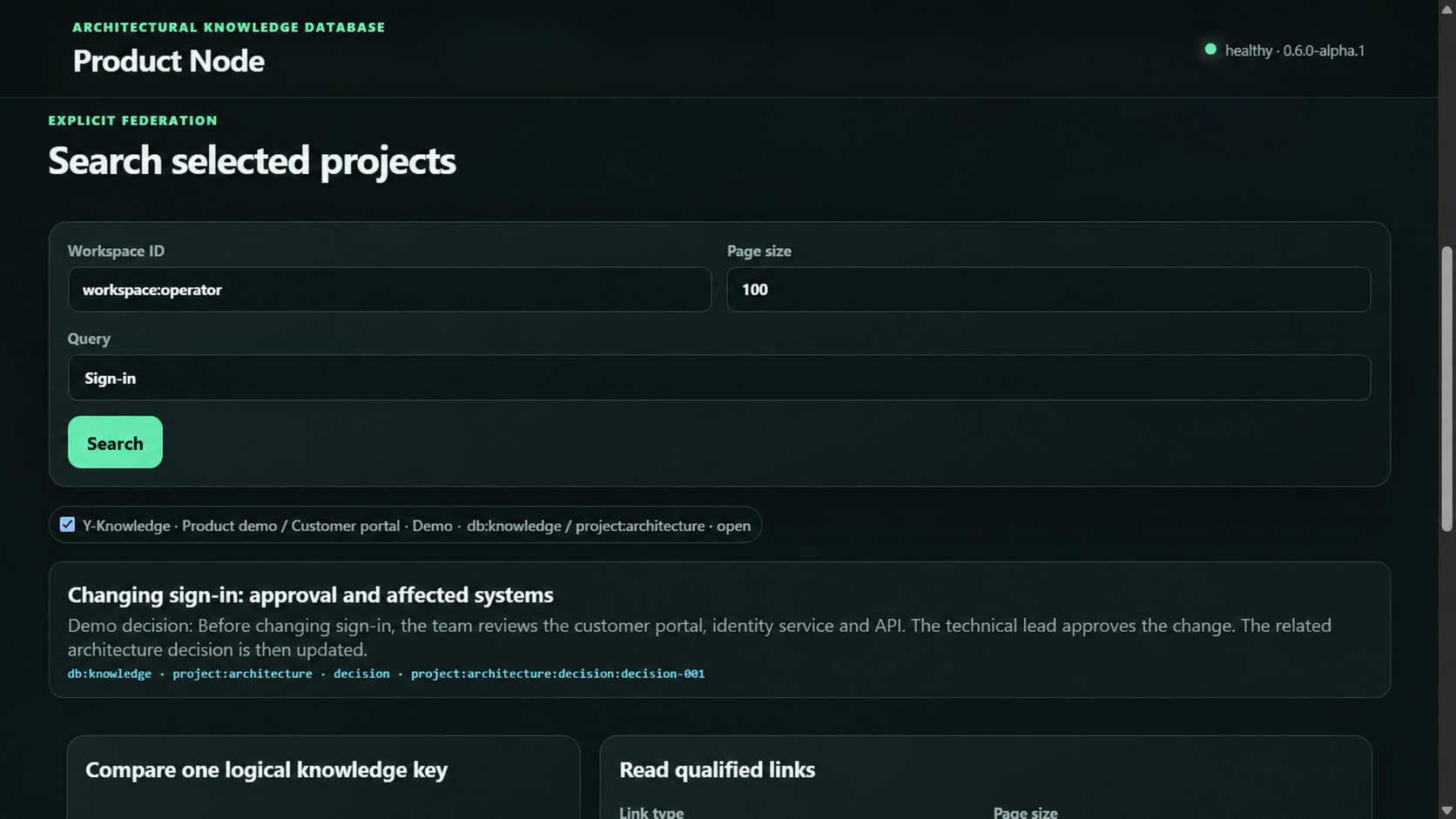 English-localized AKDB Product Node illustration: a sign-in search returns a documented decision for a fictitious customer portal.